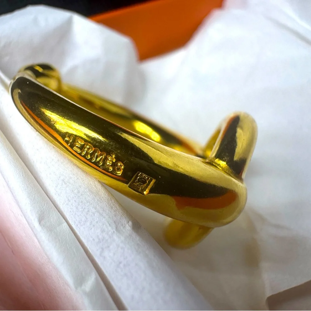 Hermès Horsebit Filet d’Or Scarf Ring Gold Plated 05 Rare Slide W Box Authentic - Picture 7 of 11